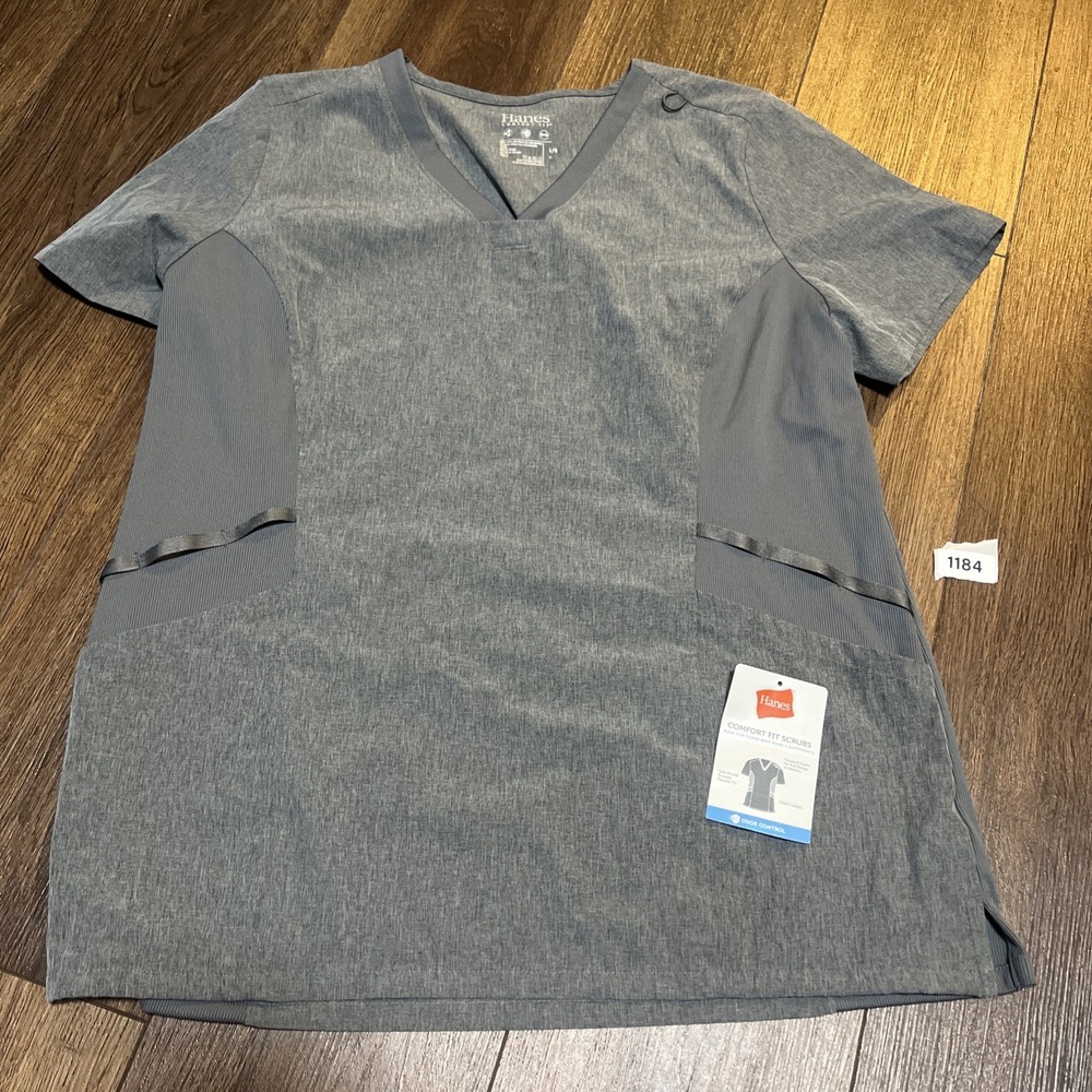 Hanes Women's Gray Comfort Fit Scrub Top Short Sleeve Size L NEW FREE SHIPPING